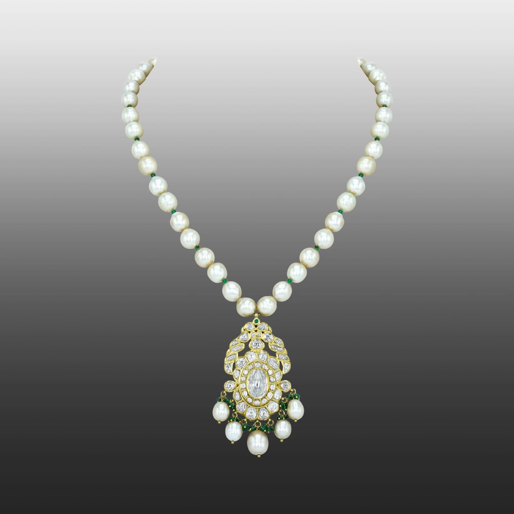 Pearl Strand Necklace with Polki Pendant and Emerald Beads